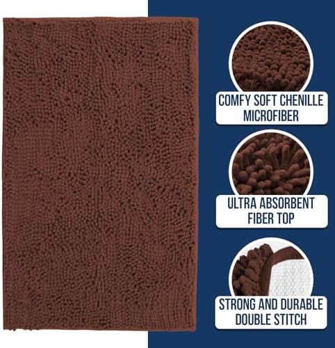 Muddy Mat Chenille Bathroom Rugs Quick Dry Microfiber Mats Non Slip Washable, Extra Thick, Soft and Highly Absorbent Bath Mats for Bathroom, Kitchen, and Shower Floor - Brown Small 28"X18"