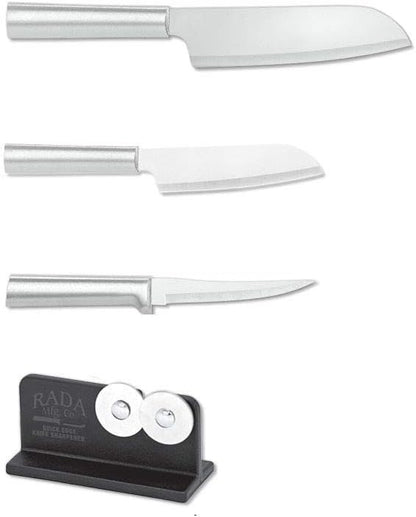 Rada Cutlery 3-Piece Cook's, Cook's Utility, and Super Parer Knives with Quick Edge Sharpener, Stainless Steel Blades, Silver Handle