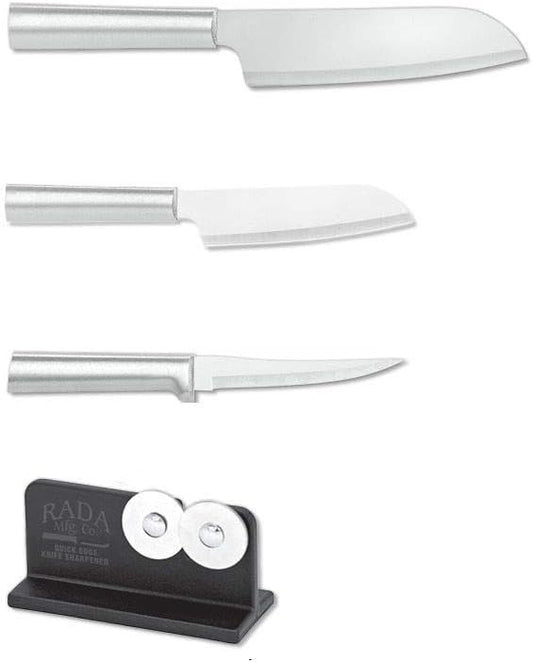 Rada Cutlery 3-Piece Cook's, Cook's Utility, and Super Parer Knives with Quick Edge Sharpener, Stainless Steel Blades, Silver Handle
