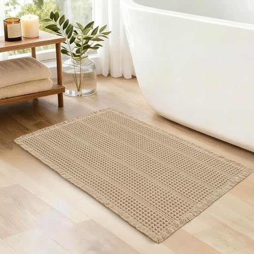 JIUZHEN Waffle Bath Mat Rug Super Absorbent Bath Mats for Bathroom Mat Non Slip Bathmat Machine Washable Soft Bathroom Rugs with Tassels Dry Fast Bath Rugs for Floor, 20" x 32", Strip-Brown