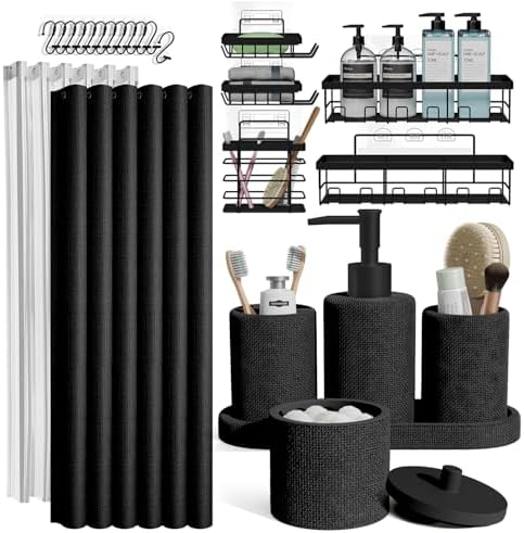 Clara Clark Bathroom Set - Black Bathroom Accessories Set, 24PC Bathroom Accessory Set, Bathroom Sets with Shower Curtain Set, Adhesive Corner Shower Caddy Hanging & Soap Dispenser