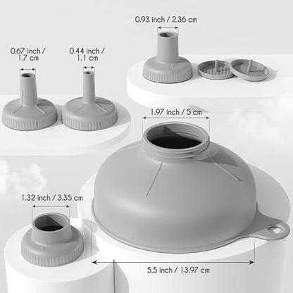 Pisol Wide Mouth Versatile Funnel, Canning Funnels for Kitchen Use, Food Grade Plastic Cooking Funnel Set with 4 Size Spouts and 2 Strainers for Filling Different Bottles and Bags, Grey