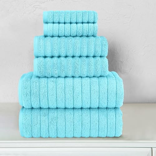 Elegant Comfort 100% Turkish Cotton Corduroy Ribbed Luxury Bath Towels 6-Piece Set, Premium Feel - Quick Dry, Highly Absorbent, Contains 2 Bath Towels, 2 Hand Towels, and 2 Washcloths, Aqua