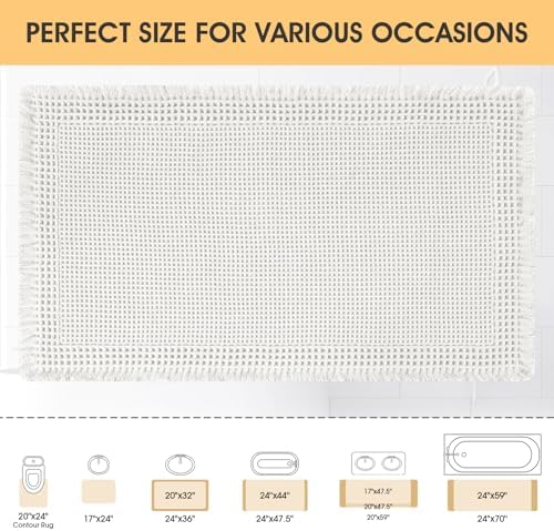 Upgrade Waffle Bath Mat, Boho Bathroom Rugs Absorbent Non Slip, Ultra Soft Bathroom Mat, Machine Washable Knit Bath Rugs with Border for Bathroom, Bedroom, Kitchen, Shower, Tub, 32"x20", White