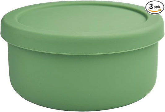 24 fl oz Silicone Food Storage Container with Lid, Round Portable Airtight Salad Bowl, Reusable Meal Prep Bowl for Soup Stew Leftovers, Microwave Fridge Dishwasher Safe, BPA Free (Grass green 3 Pack）