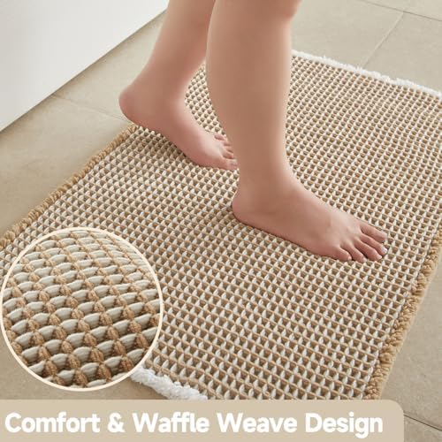 TYUU Waffle Runner Rug Bathroom, Long Boho Bath Mat, 60x24 Khaki & White