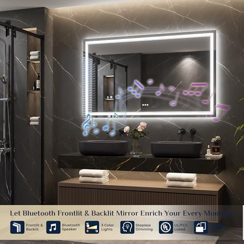 Keonjinn 60 x 36 Inch Lighted Mirrors for Bathroom Wall, Bluetooth Speaker