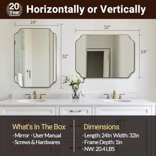 ANDY STAR Brushed Gold Mirror, 24"x32" Bathroom Vanity Mirror, Unique Rectangular Bathroom Mirror with Stainless Steel Metal Framed, Wall Mounted Decorative Mirror (Horizontal/Vertical)
