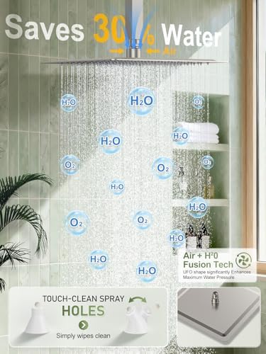 Woindo Shower Faucet Set, 10" Ceiling Mount Rainfall Shower System with 2 Rain Shower Head and Multi-function Handheld Head Push Button Diverter Shower Faucet Trim Kit