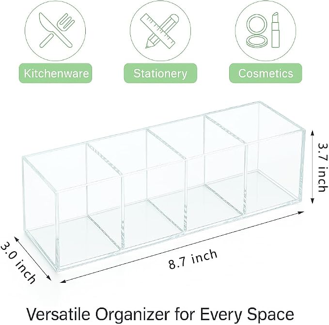 elysolpluv Clear Acrylic 4-Compartment Organizer Box, Large (8.7" × 3.0" × 3.7") – Handcrafted, Eco-Friendly, Minimal Packaging Home Storage Organizer