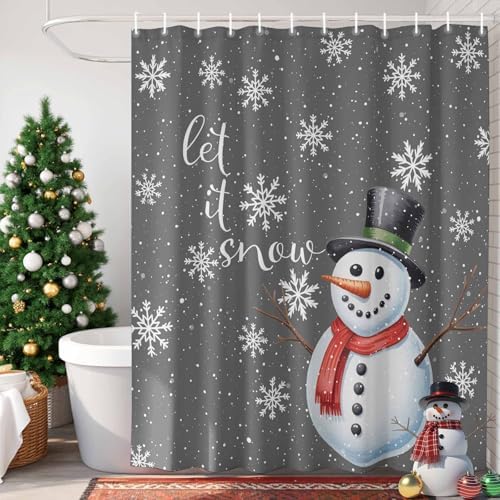 Christmas Snowman Shower Curtain Bathroom Set Xmas Snowflakes Gray Waterproof Shower Curtains with Grommets Hooks Winter Snow Privacy Bath Curtain for Bathtub Decor 36x72in