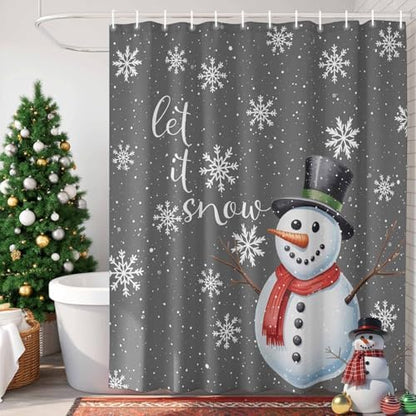 Christmas Snowman Shower Curtain Bathroom Set Xmas Snowflakes Gray Waterproof Shower Curtains with Grommets Hooks Winter Snow Privacy Bath Curtain for Bathtub Decor 36x72in