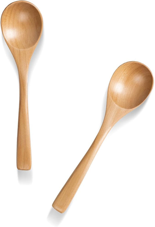 2 PCS Wooden Spoons for Eating, 7 inch Wooden Honey Spoons for Tea, Wood Teaspoons for Stirring Coffee, Schima Wood Table Spoon for Cooking, Small Serving Spoon for Soup, Desserts & Cereal