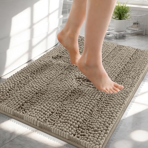OLANLY Thick Small Bathroom Rugs 24x16, Soft Chenille Bath Rugs, Warm Taupe