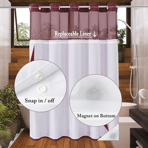 Gibelle No Hook Cloth Burgundy Shower Curtain with Liner, 72x86