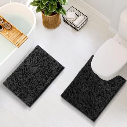 Hearth & Harbor Bathroom Rugs, Chenille Bath Mat - Machine Washable Bath Mats for Bathroom Non-Slip Backing Rubber, Quick Dry Bathroom Mat - Black 17x24-20x24