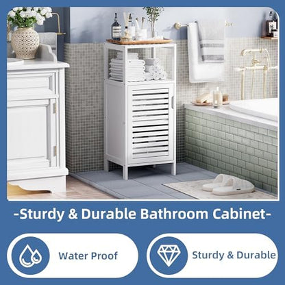 HITNET Bamboo Bathroom Storage Cabinet, 4 Tier Small White Floor Cabinet with Single Door, Free Standing Slim Narrow Storage Organizer for Living Room Entryway