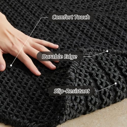 Sunfly Long Black Bathroom Rug, Waffle Bath Mat Non-Slip Washable Super Absorbent Quick Dry, Boho Farmhouse Bathroom Runner Decor 24"x60" Black
