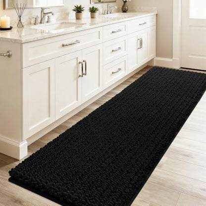 ACCUMTEK Extra Long Upgrade Luxury Black Bathroom Rug Mat 70"x24", Ultra Soft Thick Absorbent Bath Mats, Non Slip Chenille Toilet Mat for Bathroom, Bedroom, Kitchen, Shower, Tub