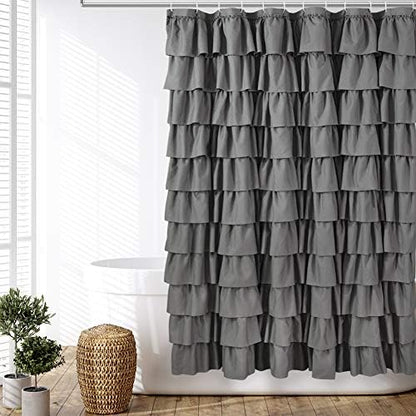 Gray Ruffle Shower Curtain for Bathroom, 72 x 84, Machine Washable Fabric