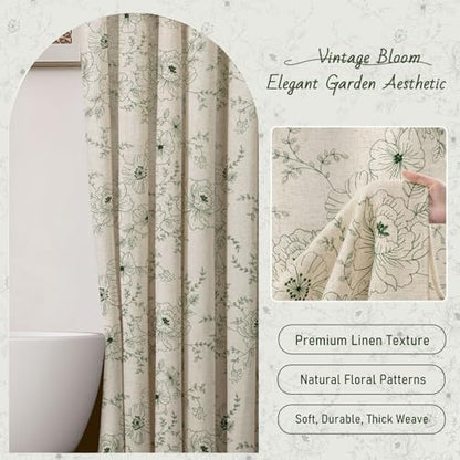 Farmhouse Floral Vintage Shower Curtain for Bathroom, Green Embroidered