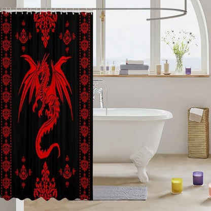 Feelyou Dragon Shower Curtain Kids Boys Teens Gothic Damask Paisley Floral Bathroom Waterproof Accessories with 12 Hooks 72x72 Inches Women Bohemian Exotic Animal Theme Room Decor,Red Black