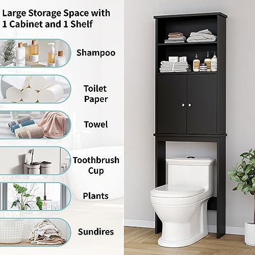 Shintenchi Over the Toilet Storage Cabinet, Bathroom Above the Toilet Rack, Bathroom Adjustable Shelf Organizer with Open Bottom Bar and Anti-Tip Device, Black