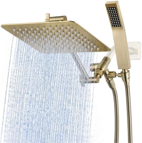 G-Promise All Metal 8-Inch Dual Square Shower Head Combo, Rain Shower Head, Handheld Shower Wand with 71-Inch Extra Long Hose, 3-Way Diverter, Adjustable Extension Arm, Brushed Gold