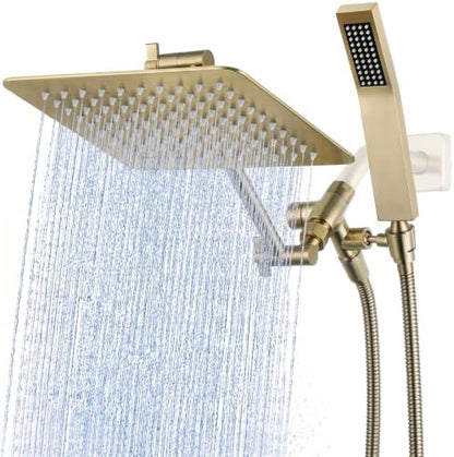 G-Promise All Metal 8-Inch Dual Square Shower Head Combo, Rain Shower Head, Handheld Shower Wand with 71-Inch Extra Long Hose, 3-Way Diverter, Adjustable Extension Arm, Brushed Gold