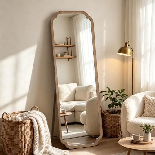 WallBeyond Farmhouse Full Length Mirror with Stand 22x65 Inch, Wooden Frame Floor Mirror,for Bedroom, Entryway, Living Room(Natural)