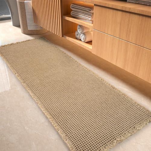 tchdio Waffle Bath Mat-Runner Rug, Super Absorbent Non Slip Bath Mats for BathroomMachine Washable Long Rugs with Tassels, Bath Rugs for Bathroom Floor Beside Tub, 2' x 5', Brown