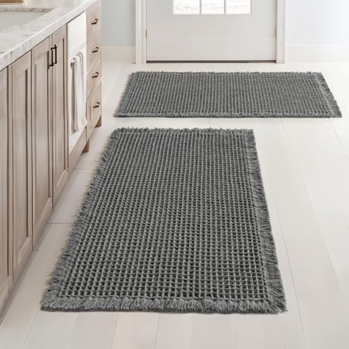 MIULEE Set of 2 Waffle Bathroom Rugs Boho Bath Mat Dark Grey 24x36 Inch
