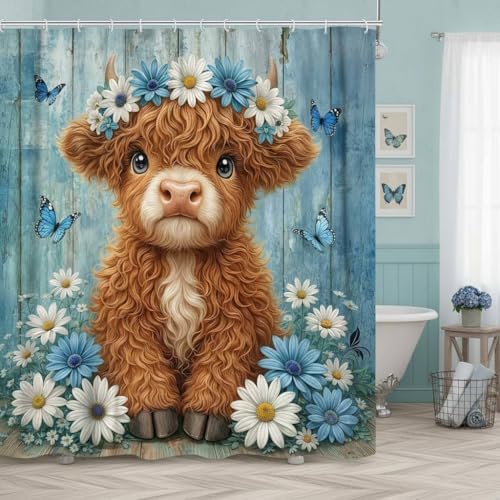 Cute Cow Shower Curtain, Farmhouse Rustic Blue Floral Daisy Highland Cow Shower Curtains for Bathroom, Calf Country Farm Animal Garden Plant Fabric Bathroom Decor with Hooks, 60x72 inch