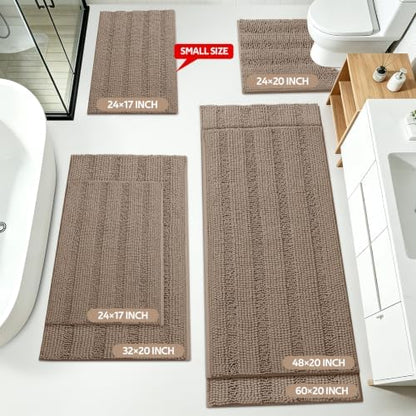 ACCUMTEK Striped Dark Beige Bathroom Rug Mat Set 2 piece 32"x20"+60"x20" Ultra Soft, Non Slip Chenille Bath Rugs, Absorbent Plush Shaggy Bath Mats for Bathroom, Bedroom, Kitchen, Shower, Tub,Taupe