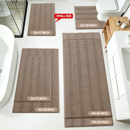 ACCUMTEK Striped Dark Beige Toilet Bathroom Rug Mat Set 2 piece Rug Ultra Soft, Non Slip Chenille Bath Rugs, Absorbent Plush Shaggy Bath Mats for Bathroom, Bedroom, Kitchen, Shower, Tub,Taupe