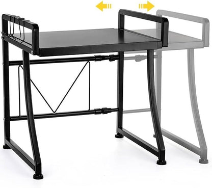 DEAYOU Extendable Microwave Oven Rack, 2-Tier Toaster Stand Utensils Storage with 8 Hooks, Adjustable Kitchen Countertop Organizer Shelf for Air Fryer, Rice Cooker, Spice, 110lbs Weight Capacity