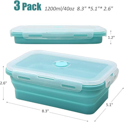 Alimat PluS 40.5oz Silicone Collapsible Food Storage Containers with Lids, 3 Pack Set 1200ml Folding Large Meal Prep Lunch Containers, Microwave, Freezer and Dishwasher Safe
