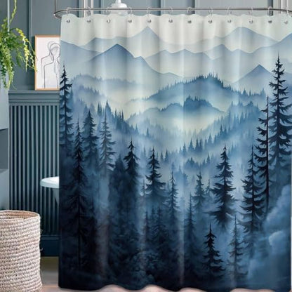Navy Blue Forest Shower Curtain, 72x72 in, Mountain Rustic Pine Tree