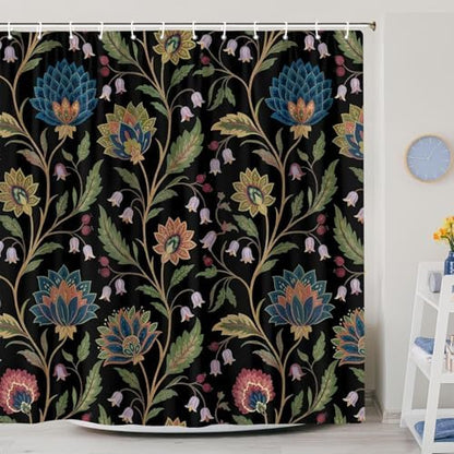 Vintage Floral Shower Curtain for Bathroom, Rustic Farmhouse Black and Teal Sage Green Boho Botanical Shower Curtains, Retro Cottagecore Wildflower Aesthetic Bath Curtain Set with Hooks， 72 x 78 Inch