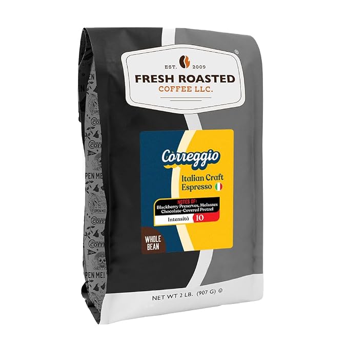 Fresh Roasted Coffee, Correggio Italian Craft Artisan Blend Whole Bean Coffee, Dark Roast, Kosher, 2 lb (32 oz)