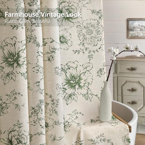 Farmhouse Floral Vintage Shower Curtain for Bathroom, Green and Tan Taupe