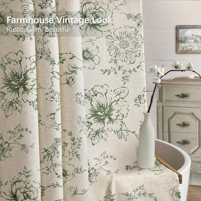Farmhouse Floral Vintage Shower Curtain for Bathroom, Green and Tan Taupe