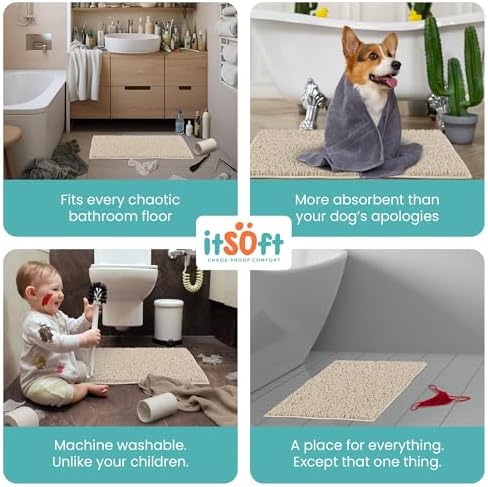 ITSOFT Large Plush Bathroom Rug 47"x21", Absorbent Machine Washable Non Slip Chenille Bath Mats, Quick Dry Bathmat, Bath Rugs for Bath, Shower, Bedroom, or Door Mat, Beige
