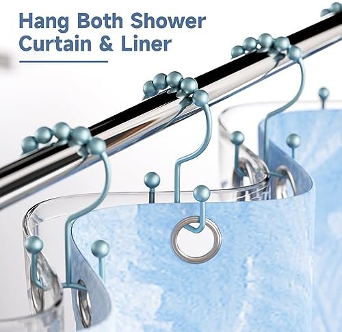Titanker Shower Curtain Hooks Rings, Rust-Resistant Metal Double Glide Shower Hooks for Bathroom Shower Rods Curtains, Set of 12 Hooks - Lightcyan