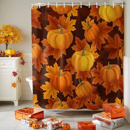 Shower Curtain Bathroom Set Thanksgiving Pumpkin Fall Orange Maple Leaf Waterproof Shower Curtains with Grommets Hooks Autumn Watercolor Leaves Privacy Bath Curtain for Bathtub Decor 72x78in
