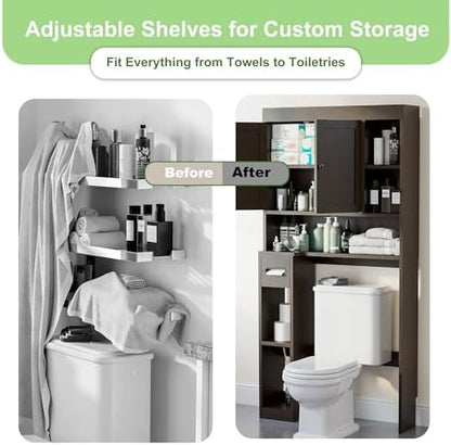 Over The Toilet Storage Cabinet with 7 Shelves, Imitation Walnut Grain Above Toilet Bathroom Organizer with Toilet Paper Holder Stand, Space Saver for Restroom, Laundry, Bathroom (Espresso)