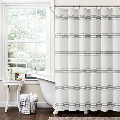 Lush Decor Farmhouse Stripe Cotton Shower Curtain, 72" W x 72" L, Dark Gray - Striped Bathroom Curtain - Fabric Shower Curtains - Farmhouse Bathroom Decor