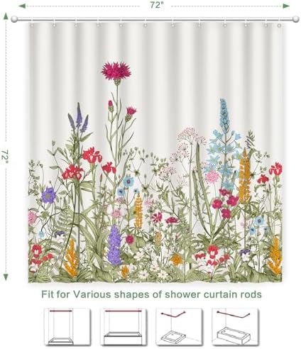 Shower Curtain Floral, Summer Shower Curtain Sage Green Flowers Plant Herbs Shower curtains for Bathroom with Hooks Waterproof Washable Farmhouse Home Decor Botanical Wildflowers Bath Curtains