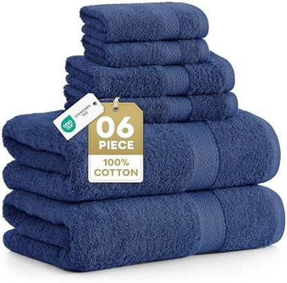 LANE LINEN Bath Towel Set Absorbent Quick Dry 100% Cotton 6 Piece - Navy