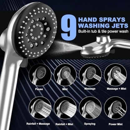 12 Inch High Pressure Rain Shower Head Combo,9 Settings Shower Handheld